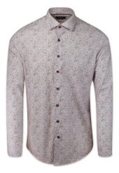 Koszula Męska, Bordowa w Drobny Wzór w Kwiatki, Długi Rękaw, Slim Fit -RIGON. Czerwone koszule męskie Rigon, m, bez wzorów, z bawełny, biznesowe, bez kołnierzyka, bez ramiączek. Za 99.00 zł.