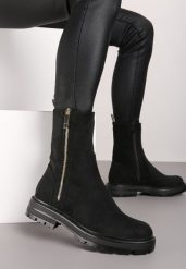 Czarne Płaskie Botki Ozdobione Metalicznym Suwakiem Iliefra. Czarne botki damskie Born2be, z jeansu, eleganckie, bez obcasa, na płaskiej podeszwie, bez zapięcia. Za 109.99 zł.