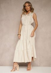 Beżowa Sukienka Koszulowa z Ozdobnymi Guzikami i Paskiem Maviosa. Brązowe sukienki damskie Renee, na co dzień, l, z aplikacjami, eleganckie, bez kołnierzyka, bez ramiączek, maxi, koszulowe. Za 159.99 zł.