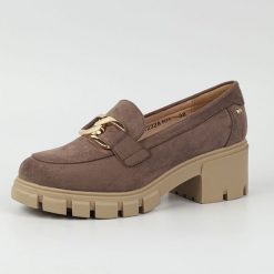 Półbuty damskie na traperze, mokasyny khaki zamsz Potocki 12328. Brązowe mokasyny damskie POTOCKI, na jesień, bez wzorów, z zamszu, eleganckie, bez obcasa, bez zapięcia. Za 179.00 zł.