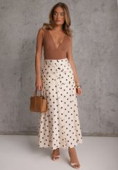 Beżowa Wiskozowa Spódnica High Waist w Kropki z Guzikami Tadalion. Brązowe spódnice damskie Renee, l, bez wzorów, z satyny, retro, z podwyższonym stanem, maxi. Za 139.99 zł.