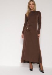 Brązowa Koktajlowa Sukienka Ozdobiona Metaliczną Aplikacją i Marszczeniem z Boku Retima. Brązowe sukienki damskie Born2be, m, z aplikacjami, eleganckie, bez kołnierzyka, bez ramiączek. Za 149.99 zł.