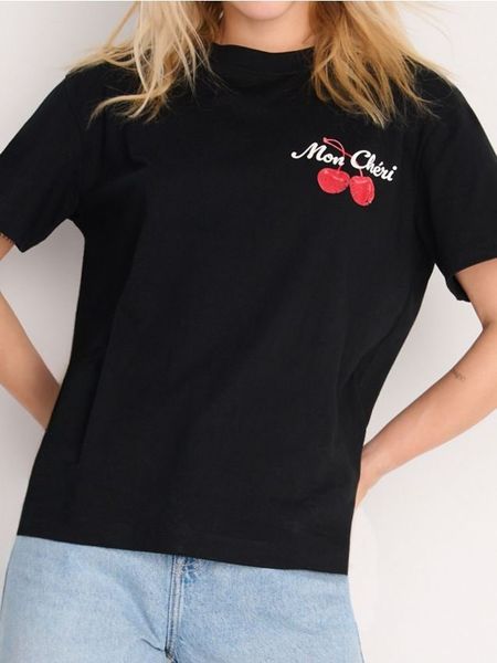 Koszulka z nadrukiem - czarny. Czarne t-shirty damskie Sinsay, l, bez wzorów, bez kołnierzyka. W wyprzedaży za 12.99 zł.