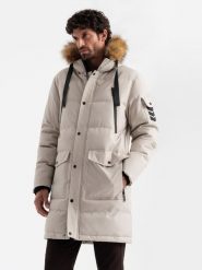 Długa ciepła męska kurtka typu parka z kapturem beżowa V5 OM-JALJ-0182 XL. Brązowe kurtki męskie Ombre, m, bez wzorów, z kapturem. Za 363.08 zł.
