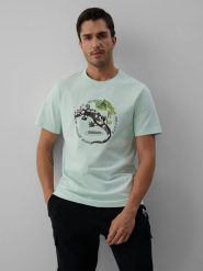 4F T-shirt regular z nadrukiem męski - turkusowy M. Niebieskie t-shirty męskie 4f, m, bez wzorów, z bawełny, klasyczne, bez kołnierzyka. Za 69.99 zł.