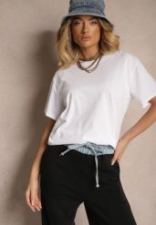Biały Bawełniany Basicowy T-shirt Lorseli. Białe bluzki damskie Renee, bez wzorów, z bawełny, eleganckie, bez kołnierzyka. Za 44.99 zł.