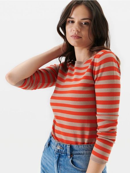 Wiskozowy sweter w paski - pomarańczowy. Brązowe swetry damskie Sinsay, l, bez wzorów, z wiskozy, bez kołnierzyka, bez ramiączek, bez kaptura. W wyprzedaży za 29.99 zł.