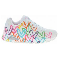 Buty Skechers Uno Highlight Love W 177981-WMLT białe. Białe obuwie sportowe damskie bez wzorów, ze skóry. Za 466.73 zł.