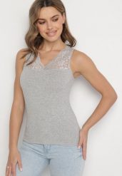 Ciemnoszary Top z Bawełny z Koronką Arionor. Szare bluzki damskie Born2be, l, bez wzorów, z bawełny, klasyczne, bez kołnierzyka, bez ramiączek. Za 19.99 zł.
