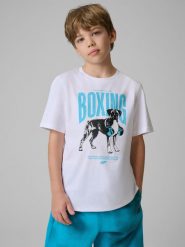 4F T-shirt regular z nadrukiem chłopięcy - biały 158 (12-13 lat). Białe t-shirty dla chłopców 4f, bez wzorów, bez ramiączek. Za 49.99 zł.