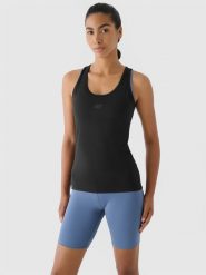 4F Top slim treningowy damski - czarny L. Czarne koszulki sportowe damskie 4f, l, bez wzorów, z dzianiny, bez kołnierzyka, bez ramiączek, na fitness i siłownię. Za 69.99 zł.