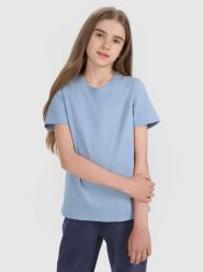 4F T-shirt regular gładki dziewczęcy - niebieski 146 (10-11 lat). Niebieskie t-shirty i topy dla dziewczynek 4f, bez wzorów, z bawełny, bez ramiączek. Za 29.99 zł.