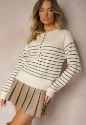 Beżowo-Czarny Sweter z Wiskozą w Poziome Paski z Guzikami przy Dekolcie Irivoni. Brązowe swetry damskie Renee, l, bez wzorów, z jeansu, casualowe, bez kołnierzyka, bez ramiączek, długie, bez kaptura. Za 84.99 zł.