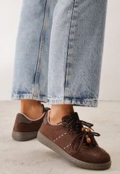 Brązowe Sneakersy w Stylu Retro Tenisówek z Podwójnym Sznurowaniem i Frędzlami Salmisa. Brązowe obuwie sportowe damskie Born2be, bez wzorów, z dzianiny, tenisowe. Za 99.99 zł.