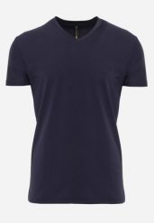 Granatowa Koszulka T-shirt z Bawełny z Dekoltem w Serek Rionisse. Niebieskie t-shirty męskie Born2be, l, bez wzorów, z bawełny, biznesowe, bez kołnierzyka. Za 39.99 zł.