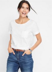 Długi T-shirt z czystej bawełny organicznej. Białe t-shirty damskie bonprix, bez wzorów, z bawełny, bez kołnierzyka. Za 37.99 zł.