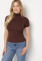Brązowy Dopasowany T-shirt z Wiskozy z Golfem Isovera. Brązowe koszule damskie Born2be, m, z aplikacjami, z materiału, biznesowe, bez kołnierzyka, bez ramiączek. Za 59.99 zł.