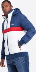 Kurtka męska Ombre Kolorowa sportowa kurtka męska w stylu retro niebiesko-biała V1 OM-JALP-0175 S. Białe kurtki sportowe męskie Ombre, m, bez wzorów. Za 289.99 zł.