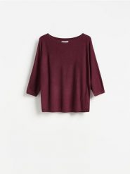 Gładki sweter z wiskozą - ciemnofioletowy. Fioletowe swetry damskie Reserved, l, bez wzorów, z dzianiny, bez kołnierzyka, bez ramiączek, bez kaptura. Za 79.99 zł.