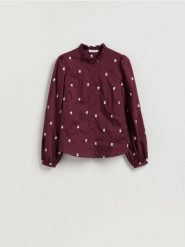 Koszula z haftowanym wzorem - bordowy. Czerwone koszule damskie Reserved, l, bez wzorów, z bawełny, bez kołnierzyka, bez ramiączek. Za 149.99 zł.