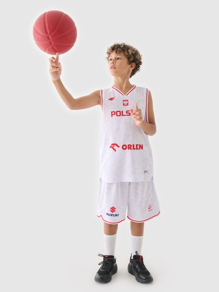 4F Koszulka reprezentacyjna dziecięca 4F x PZKOSZ 2024 - biała 134/140 (8-10 lat). Białe t-shirty dla chłopców 4f, bez wzorów, z dzianiny, bez ramiączek. Za 169.99 zł.