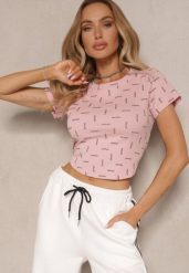Różowy T-shirt z Bawełny Ozdobiony Brokatem Olindara. Czerwone bluzki damskie Renee, m, z aplikacjami, z bawełny, bez kołnierzyka. Za 49.99 zł.