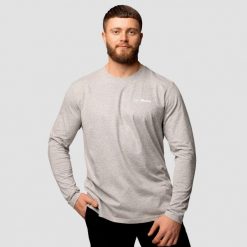 Koszulka męska fitness z długim rękawem szara Basic. Szare koszulki sportowe męskie GYMBEAM, m, bez wzorów, z bawełny, bez kołnierzyka, bez ramiączek, na fitness i siłownię. Za 68.90 zł.