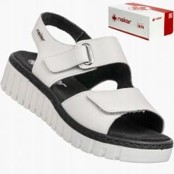 Rieker Rieker Sandals V1382-80 białe 36. Białe sandały damskie Rieker, bez wzorów, bez obcasa, bez zapięcia. Za 273.37 zł.