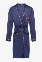Granatowy Szlafrok z Bawełną Zdobiony Elegancką Lamówką i Aplikacją z Wiązanym Paskiem Attelora. Niebieskie szlafroki męskie Born2be, l, z aplikacjami, z bawełny, bez ramiączek, bez kaptura. Za 39.99 zł.