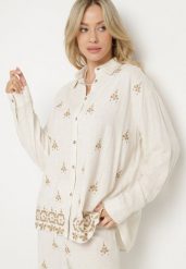 Biało-Beżowa Koszula z Lnu i Wiskozy Ozdobiona Haftem w Stylu Etno Alarisa. Białe bluzki damskie Born2be, bez wzorów, z jeansu, eleganckie, bez kołnierzyka, bez ramiączek. Za 99.99 zł.