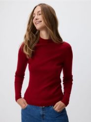 Sweter z dodatkiem wełny - bordowy. Czerwone swetry damskie Reserved, l, bez wzorów, z dzianiny, bez kołnierzyka, bez ramiączek, bez kaptura. Za 129.99 zł.