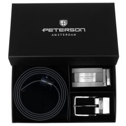 Zestaw prezentowy: dwustronny pasek skórzany w granatowym i czarnym kolorze Peterson PTN KL-B007S001 N. Czarne paski damskie Peterson, bez wzorów, ze skóry, eleganckie. Za 139.99 zł.