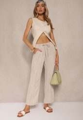 Beżowe Spodnie High Waist ze Sznurkiem Savurelle. Brązowe spodnie sportowe damskie Renee, l, z aplikacjami, z jeansu. Za 39.99 zł.