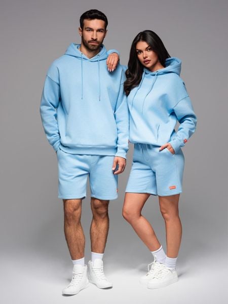 Komplet dresowy UNISEX bluza z kapturem + szorty w stylu athleisure – błękitne V8 - Rozmiar: XS/S. Niebieskie bluzy męskie Ombre Clothing, l, z aplikacjami, z bawełny. Za 309.99 zł.