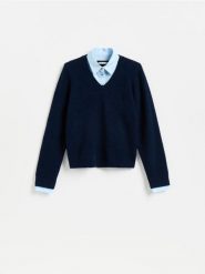 Sweter z domieszką alpaki - granatowy. Niebieskie swetry damskie Reserved, l, bez wzorów, z dzianiny, bez kołnierzyka, bez ramiączek, bez kaptura. Za 139.99 zł.