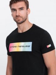 T-shirt męski bawełniany z nadrukiem - czarny V1 - Rozmiar: XXL. Czarne t-shirty męskie Ombre Clothing, m, bez wzorów, z bawełny, klasyczne, bez kołnierzyka. W wyprzedaży za 19.99 zł.