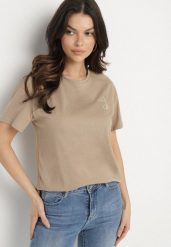 Beżowy T-shirt z Asymetrycznym Tyłem i Ozdobnym Haftem Ninissara. Brązowe bluzki damskie Born2be, m, bez wzorów, z jeansu, eleganckie, z asymetrycznym kołnierzem. Za 54.99 zł.