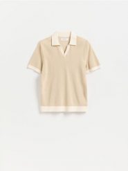 Bawełniany sweter polo - beżowy. Brązowe swetry przez głowę męskie Reserved, l, bez wzorów, z bawełny, bez kołnierzyka. Za 119.99 zł.