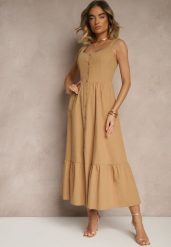 Ciemnobeżowa Sukienka Rozkloszowana z Bawełną Ozdobiona Guzikami i Falbanką Lunavin. Brązowe sukienki dla dziewczynek Renee, bez wzorów, z bawełny, eleganckie, bez ramiączek. Za 119.99 zł.