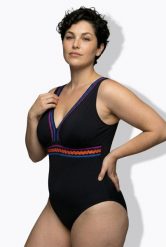 Damskie Strój kąpielowy falista lamówka miękkie miseczki. Czarne kostiumy jednoczęściowe damskie Ulla Popken, plus size, bez wzorów, z elastanu, plus size, do pływania. Za 191.99 zł.