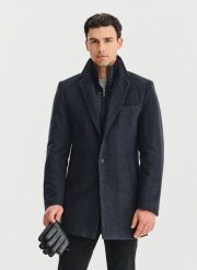 PAKO LORENTE - Grafitowy płaszcz męski z odpinanym kołnierzem. Szare płaszcze męskie Pako Lorente, na jesień, m, bez wzorów, z poliesteru, bez kaptura. Za 499.99 zł.