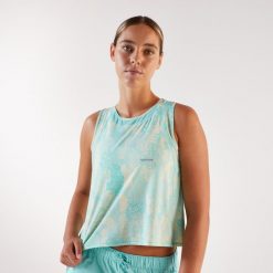 Koszulka do biegania bez rękawów damska Kiprun 500. Niebieskie koszulki sportowe damskie KIPRUN, xs, bez wzorów, z elastanu, bez kołnierzyka, bez ramiączek, do biegania. Za 69.99 zł.