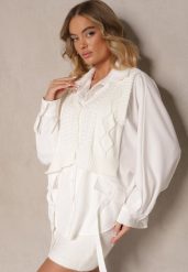Jasnobeżowa Koszula Nietoperz z Naszytą Kamizelką z Dzianiny Hanoreth. Brązowe bluzki damskie Renee, bez wzorów, z dzianiny, eleganckie, bez kołnierzyka, bez ramiączek. Za 129.99 zł.