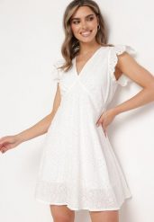 Biała Sukienka z Bawełny o Haftowanym Wykończeniu i Rozkloszowanym Kroju Laveria. Białe sukienki damskie Born2be, na lato, l, bez wzorów, z bawełny, eleganckie, bez kołnierzyka, bez ramiączek, mini, rozkloszowane. Za 99.99 zł.