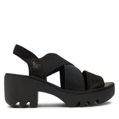 Sandały Fly London. Czarne klapki damskie Fly London, bez wzorów, bez obcasa, na słupku, bez zapięcia. Za 499.99 zł.