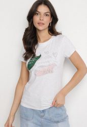 Jasnoszary Bawełniany T-shirt z Nadrukiem z Cyrkoniami Karissen. Szare bluzki damskie Born2be, m, bez wzorów, z bawełny, eleganckie, bez kołnierzyka, bez ramiączek. Za 34.99 zł.