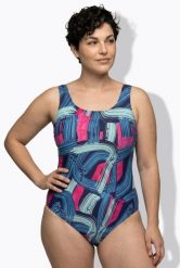 Damskie Kostium kąpielowy wzór pociągnięcia pędzlem bez miękkich miseczek. Niebieskie kostiumy jednoczęściowe damskie Ulla Popken, plus size, bez wzorów, z elastanu, sportowe, plus size, do pływania. Za 159.99 zł.