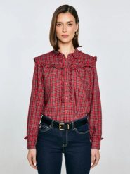 Koszula damska w kratę z ozdobnymi falbankami czerwona Frilo 000. Czerwone koszule damskie Big Star, l, bez wzorów, z bawełny, biznesowe, bez kołnierzyka, bez ramiączek. W wyprzedaży za 139.99 zł.