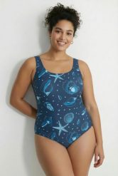 Damskie Strój kąpielowy muszelki bez miękkich miseczek okrągły dekolt. Niebieskie kostiumy jednoczęściowe damskie Ulla Popken, plus size, bez wzorów, z elastanu, sportowe, plus size, do pływania. Za 159.99 zł.