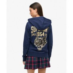 Bluza z kapturem Embellish Archive. Niebieskie koszulki sportowe damskie Superdry., bez wzorów, z bawełny, bez kołnierzyka, bez ramiączek. W wyprzedaży za 295.90 zł.